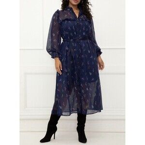 ELOQUII Elements Maxi Dress Sz 14 Blue Lined Ruffle Floral Sheer Sleeve Chiffon